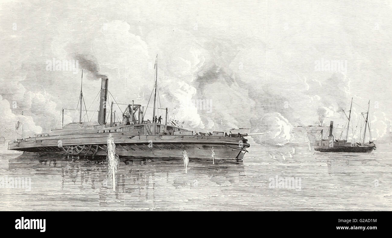 Disabling and capture of the Federal Gunboats Sachem and Clifton in the attack on Sabine Pass, Texas, September 8, 1863. USA Civil War Stock Photo