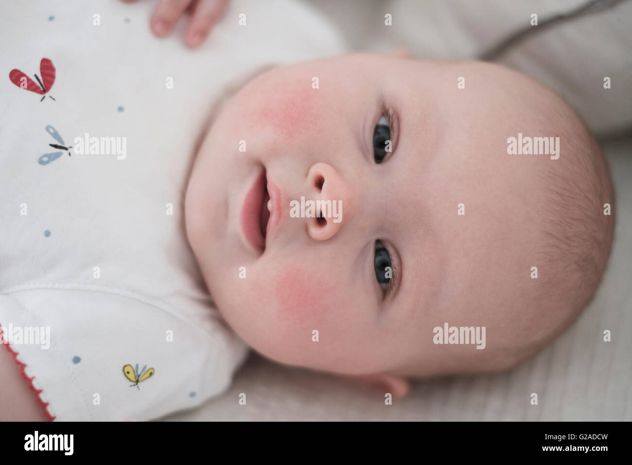 Cute baby girl (2-5 months) lying on bed Stock Photo