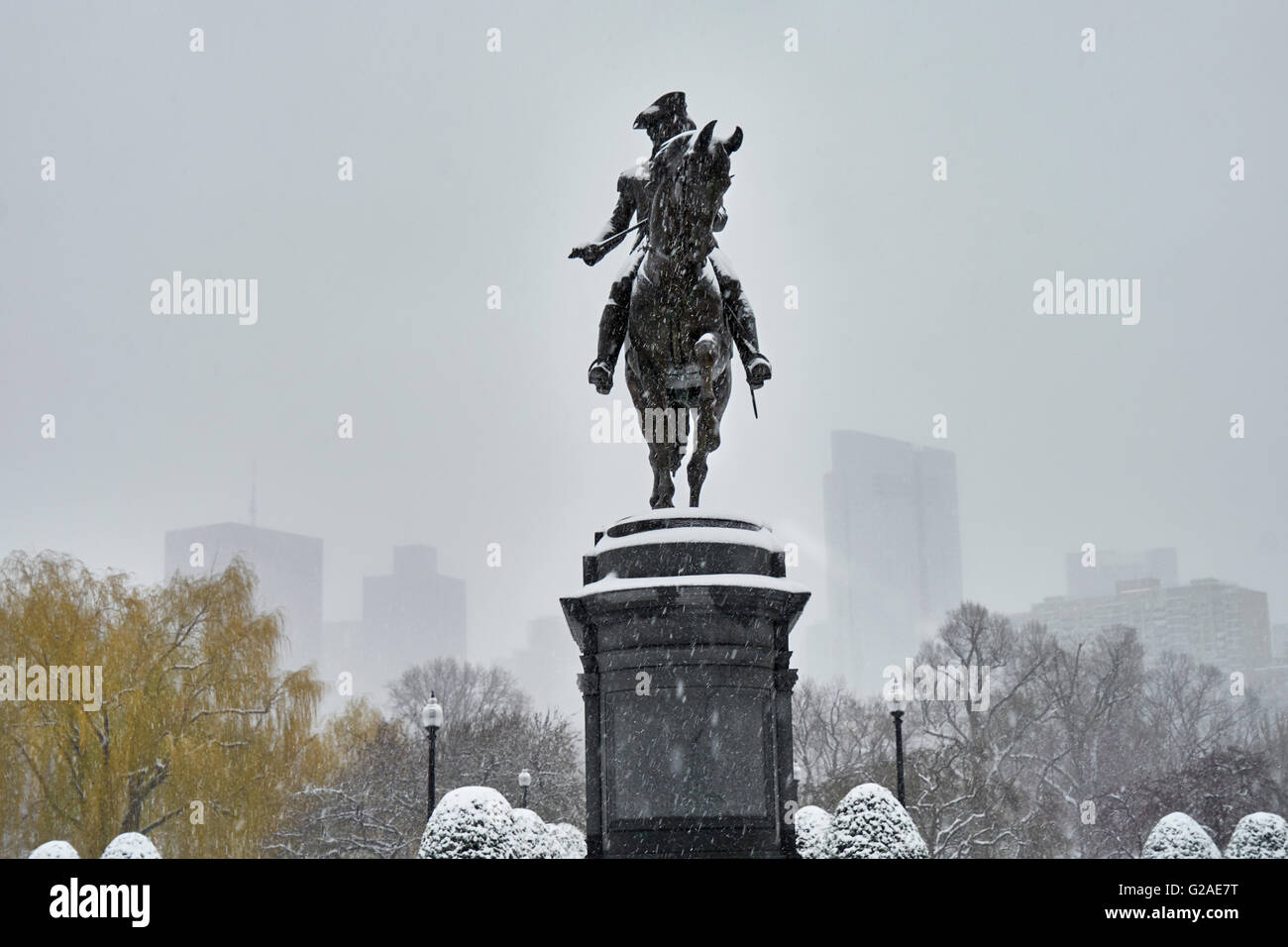 Statue of George Washington on horse in winter Stock Photo