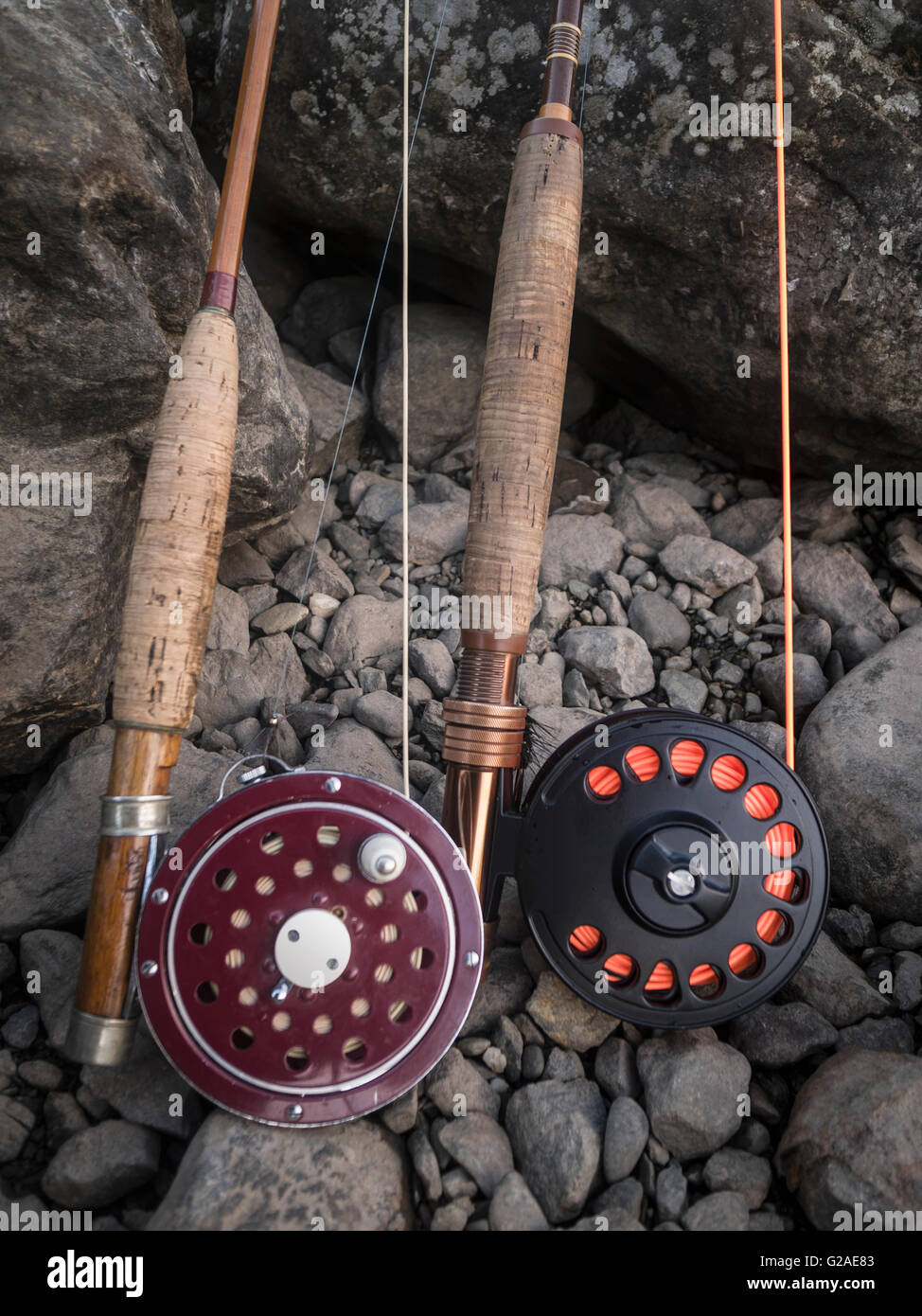 Close-up of fishing rod and reel Stock Photo