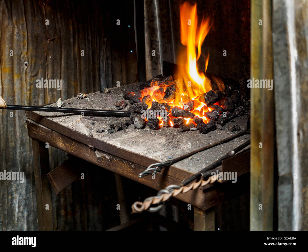 Close up of coal burning in furnace Stock Photo