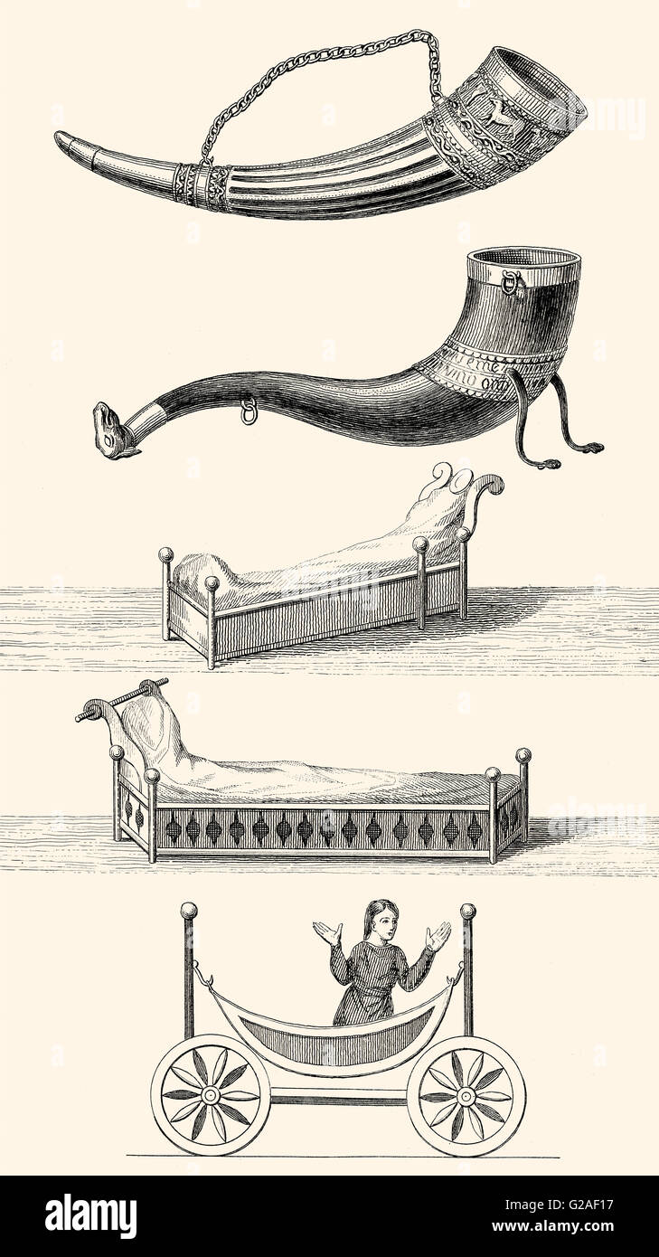 Drinking horns, beds and a carriage in Anglo-Saxon England Stock Photo