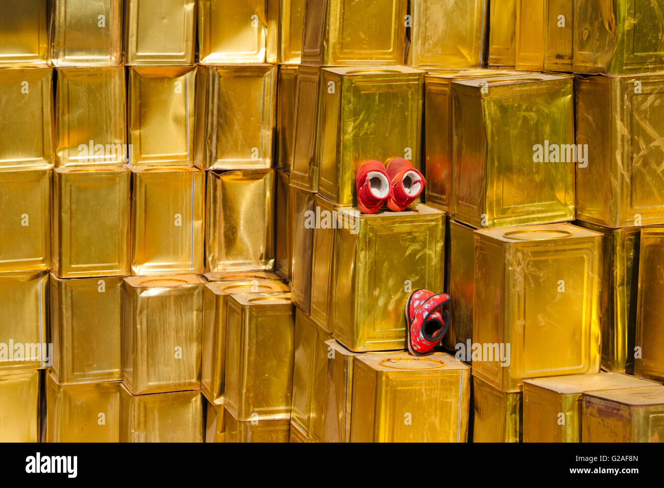 Golden colored buckets, Suzhou, Jiangsu Province, China Stock Photo