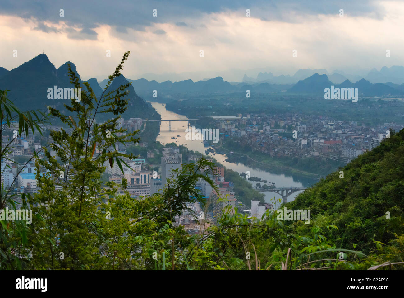 Cityscape of Yizhou with karst hills, Guangxi Province, China Stock Photo