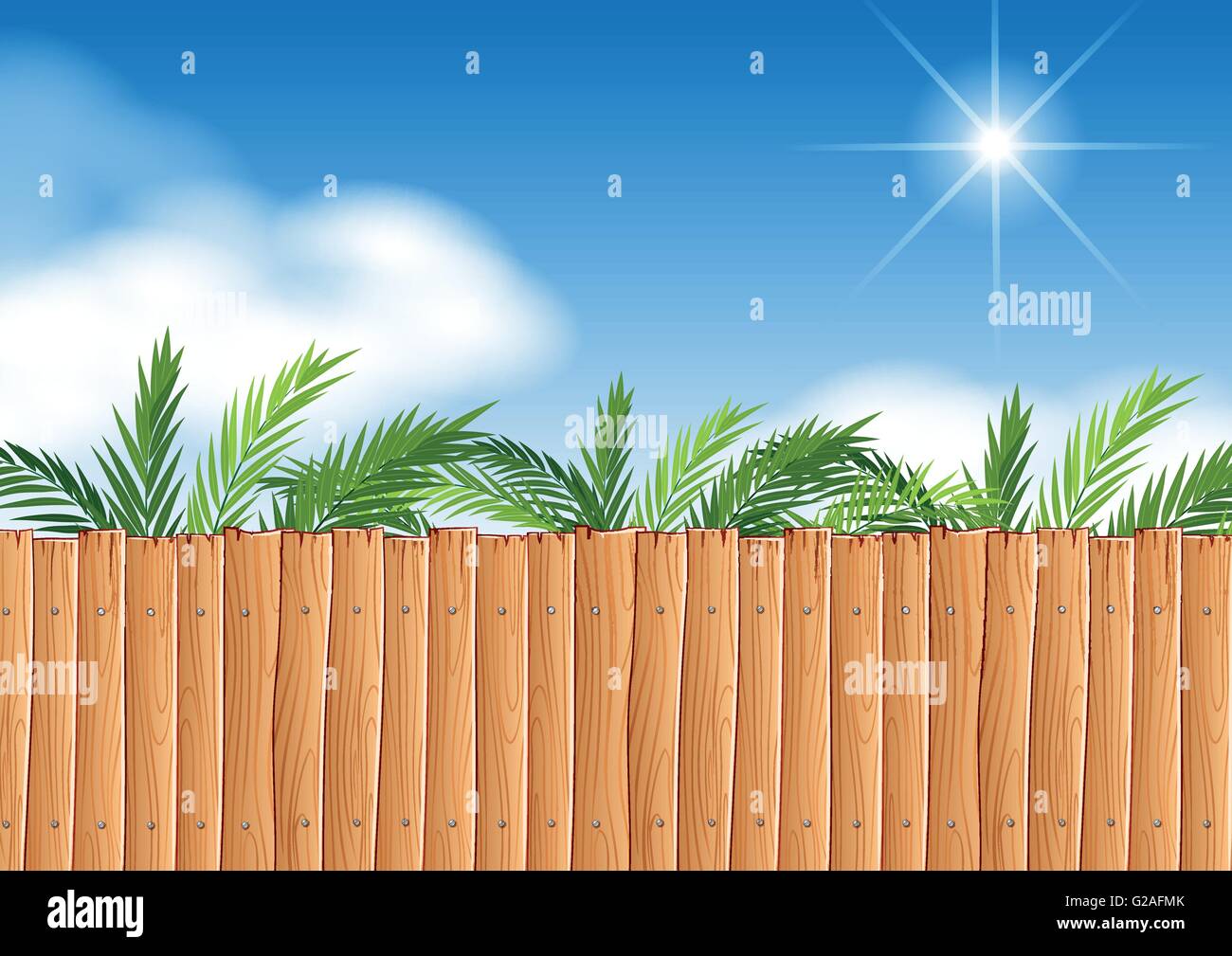 Scene with wooden fence and tree illustration Stock Vector