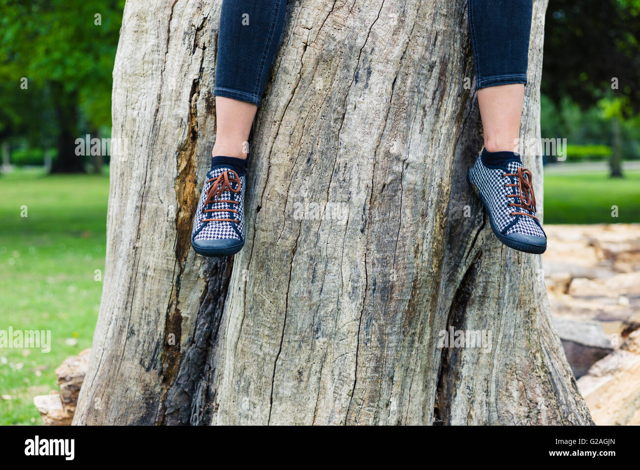 The Legs Of A Trendy Young Woman As She Is Sitting On A Tree Trunk In Stock Photo Alamy