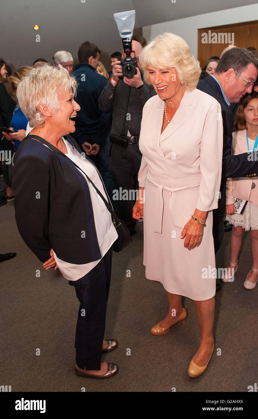 The Duchess of Cornwall (right) with actor Julie Walters at a reception following the live broadcast of the final of BBC Radio 2's 500 Words creative writing competition at Shakespeare's Globe in London. Stock Photo