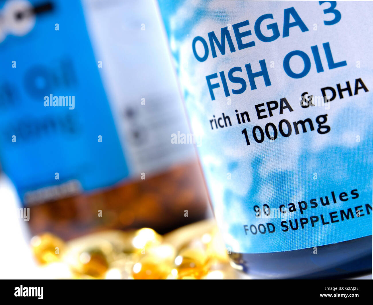 Omega 3 fish oil protein eich in EPA & DHA 1000mg capsules in a studio setting Stock Photo