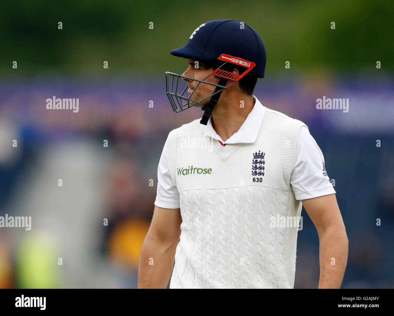 England's Alastair Cook walks off after being caught out for15 runs needing only 20 to beat the 10,000 run record during day one of the Investec Second Test Match at the Emirates Riverside, Chester-Le-Street. Stock Photo