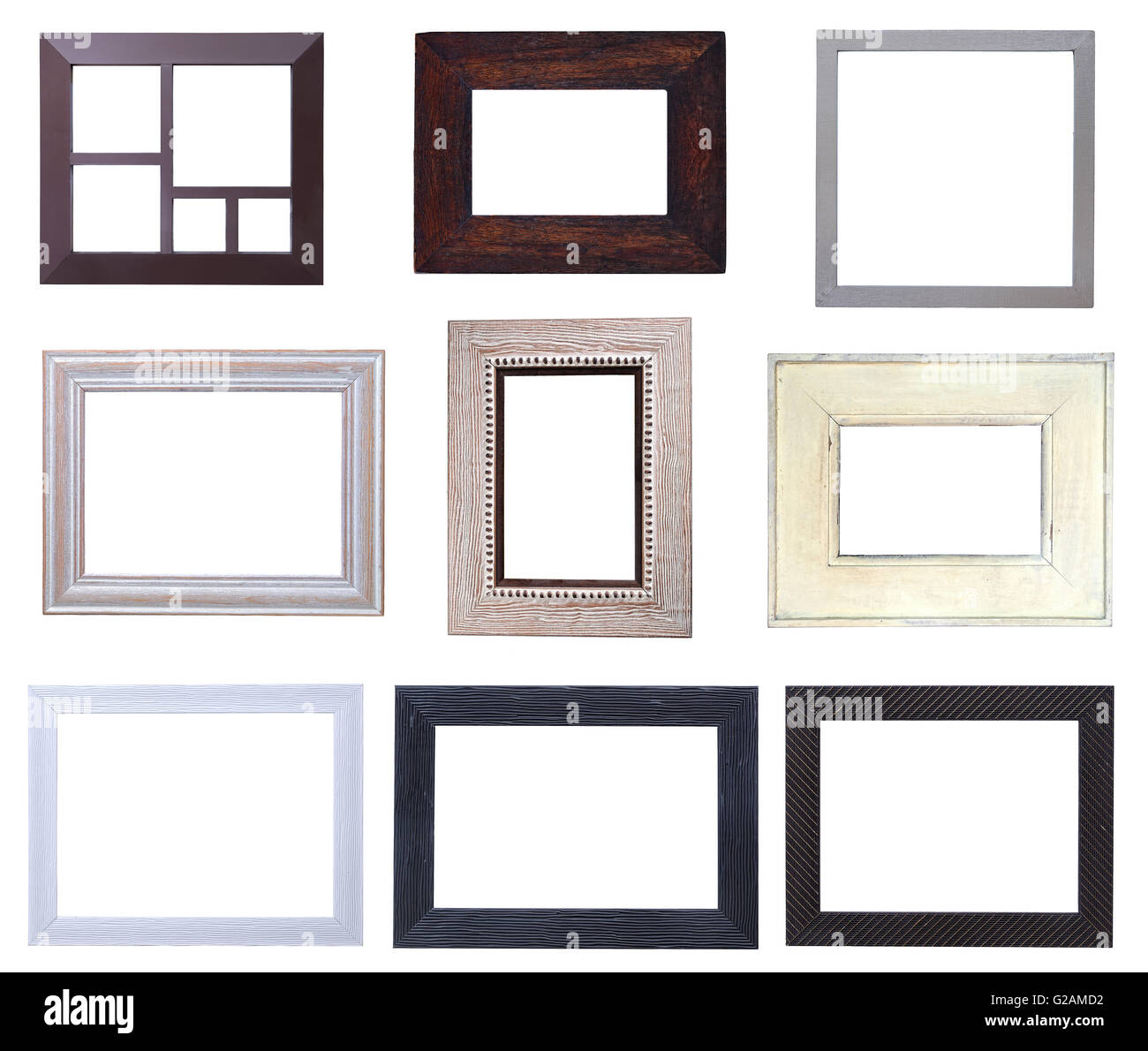 Nine wooden picture frames pack of different colors and sizes Stock