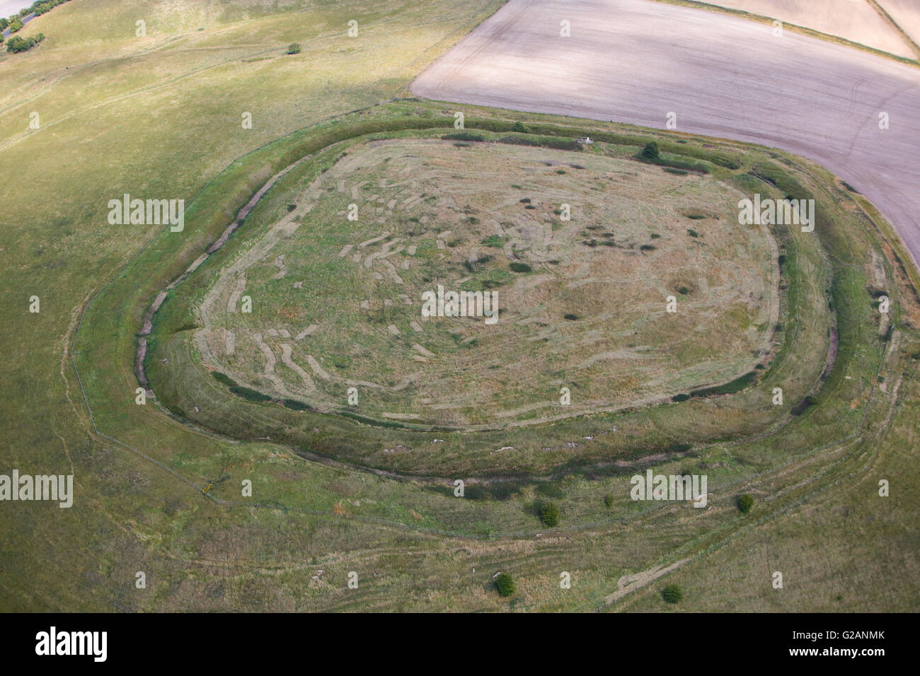 An aerial view of Liddington Castle, otherwise known as Liddington Camp, a Bronze/Iron age Hill Fort in Wiltshire Stock Photo