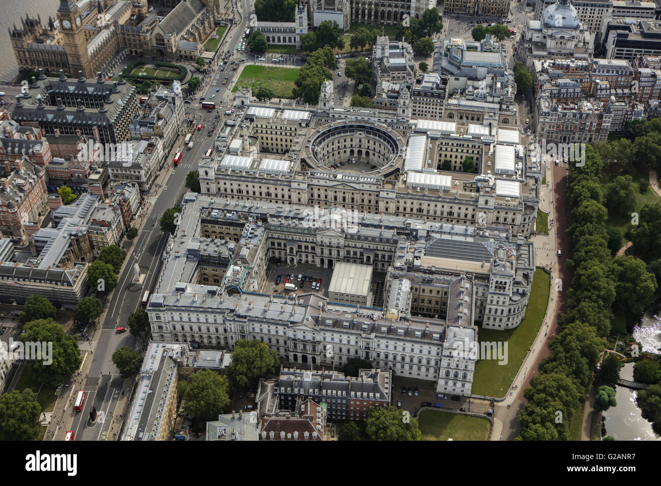 An aerial view of the Foreign Office, Treasury buildings and Cabinet Offices in Westminster, London Stock Photo
