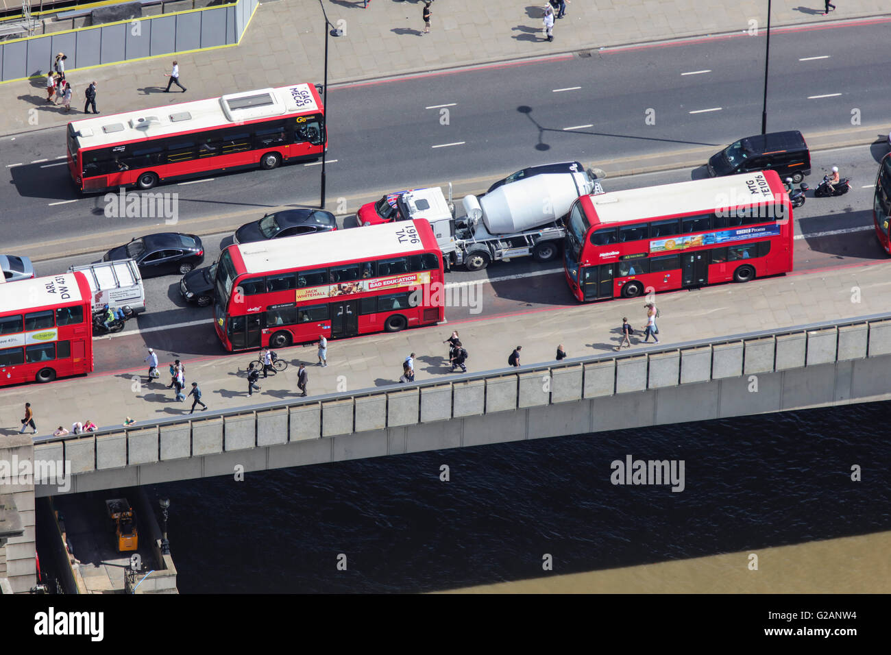 An aerial view of London Red Buses on London Bridge Stock Photo