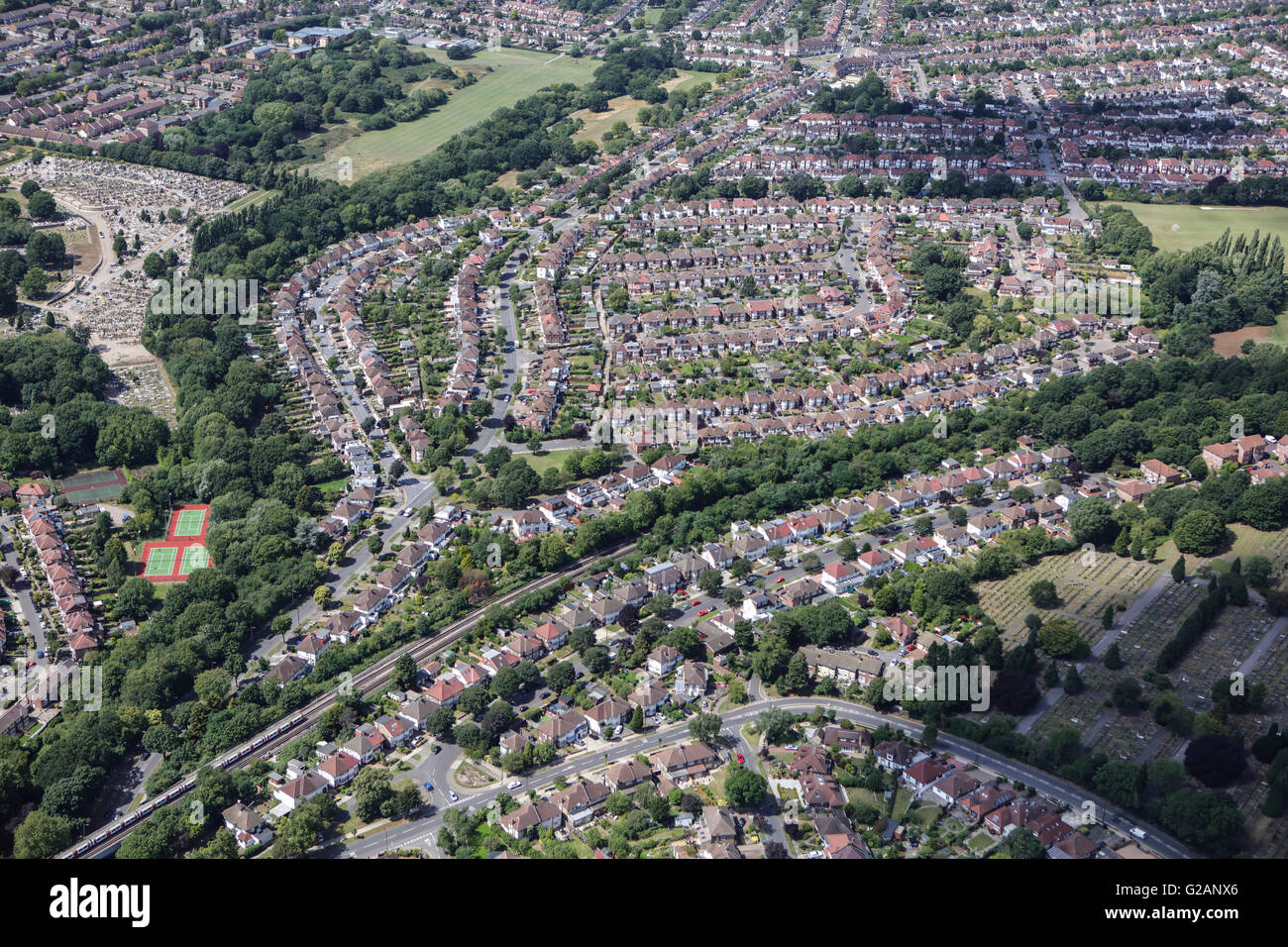 An aerial view of the North London suburb of Osidge Stock Photo