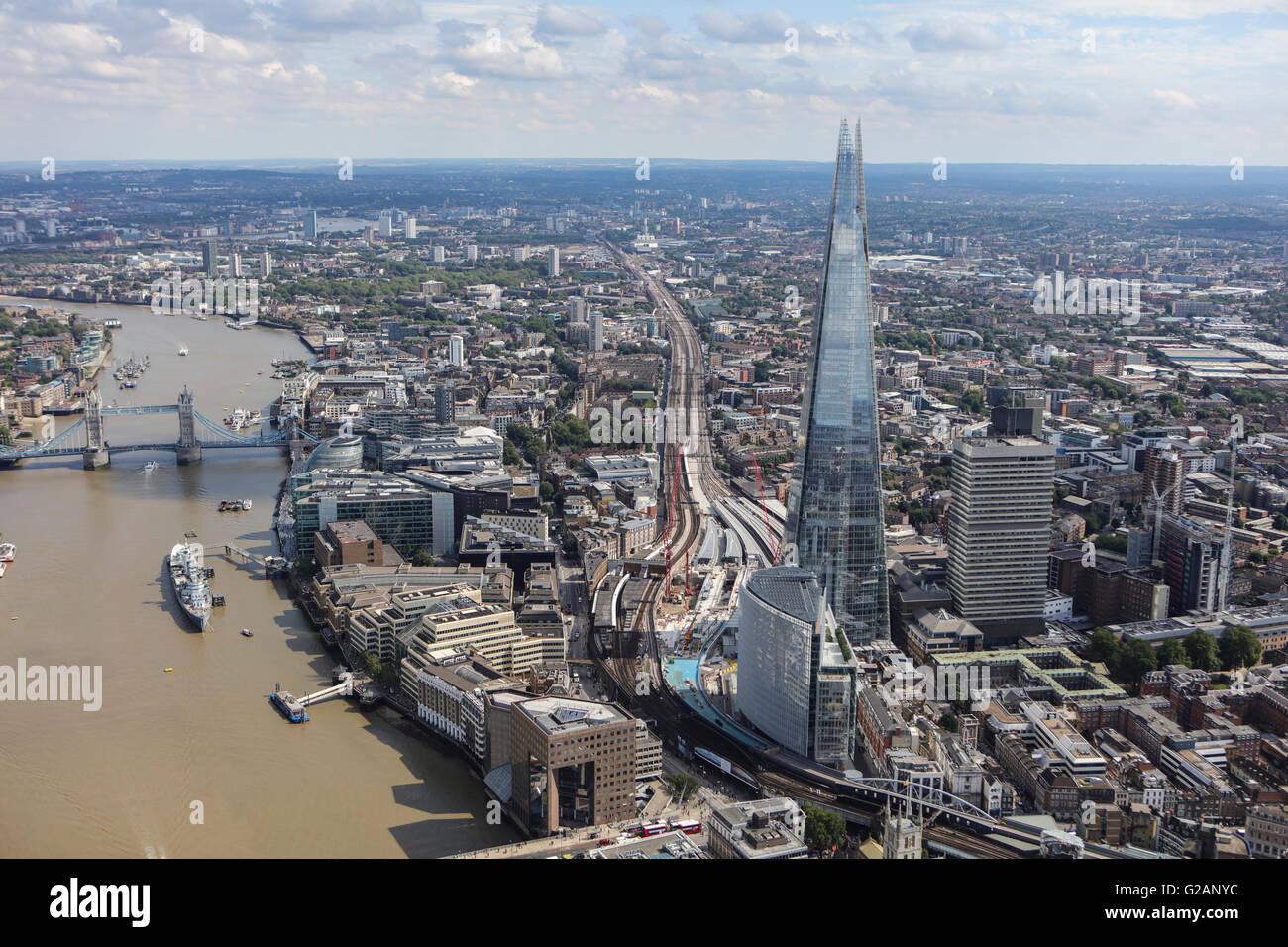 An aerial view of the South Bank area of London showing The Shard, Guys Hospital and Tower Bridge Stock Photo