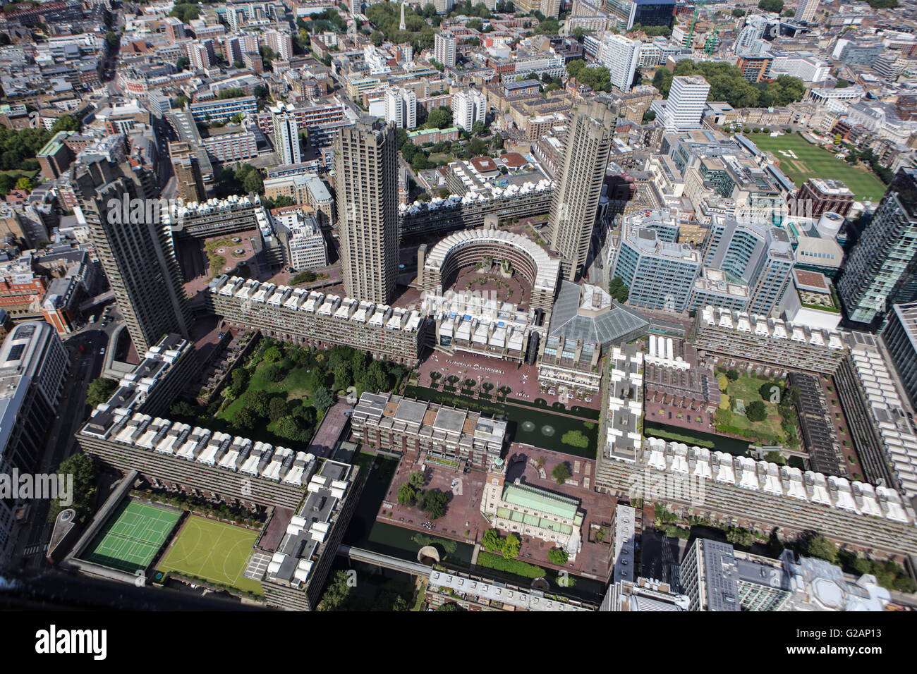 An aerial view of the Barbican Estate, a residential estate in the City of London and a prime example of Brutalist design Stock Photo