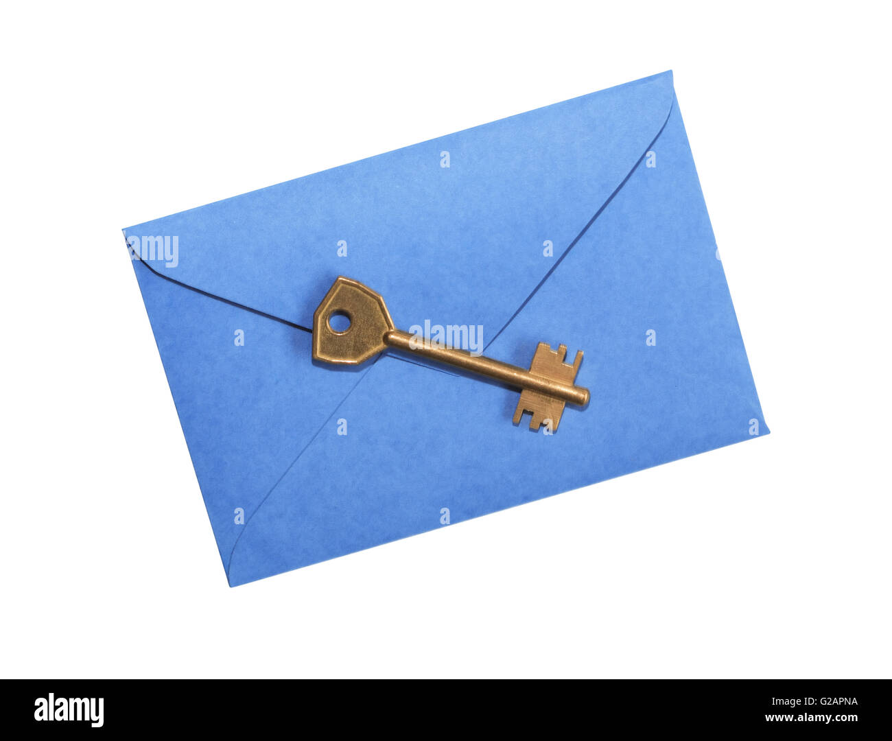Door key on blue envelope on white background. Isolated with clipping