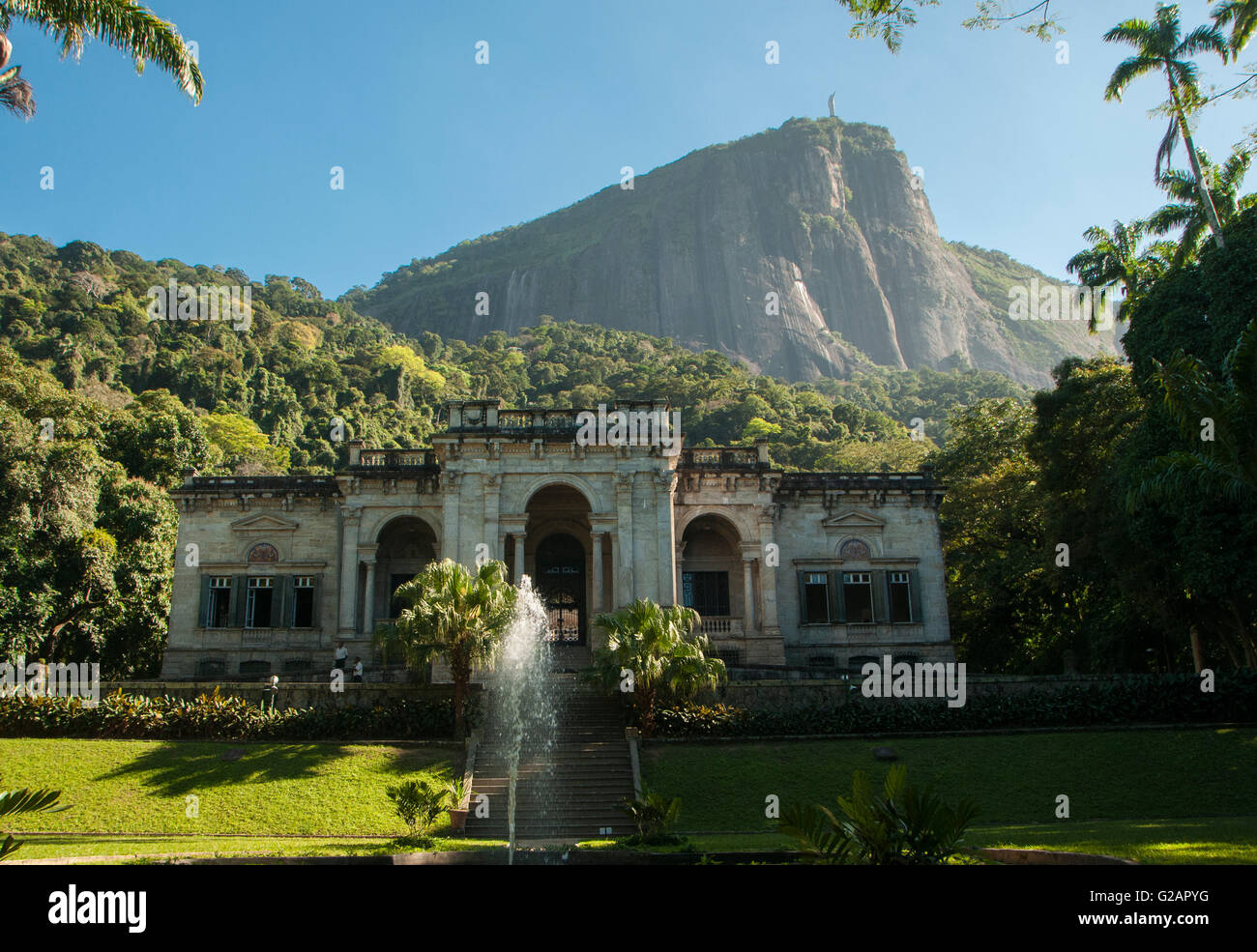 Parque Lage ( Lage Park ) - view of main buiding´s facade with its gardens just below of Christ the Redeemer, Rio de Janeiro urban park, Brazil. Stock Photo