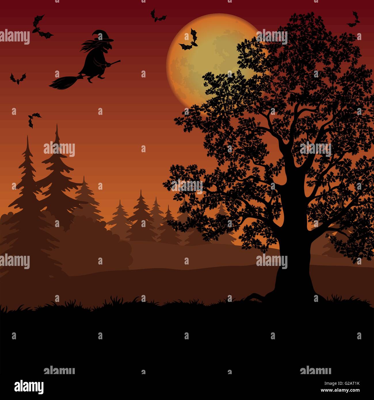 Halloween landscape with witch and trees Stock Vector Image & Art - Alamy