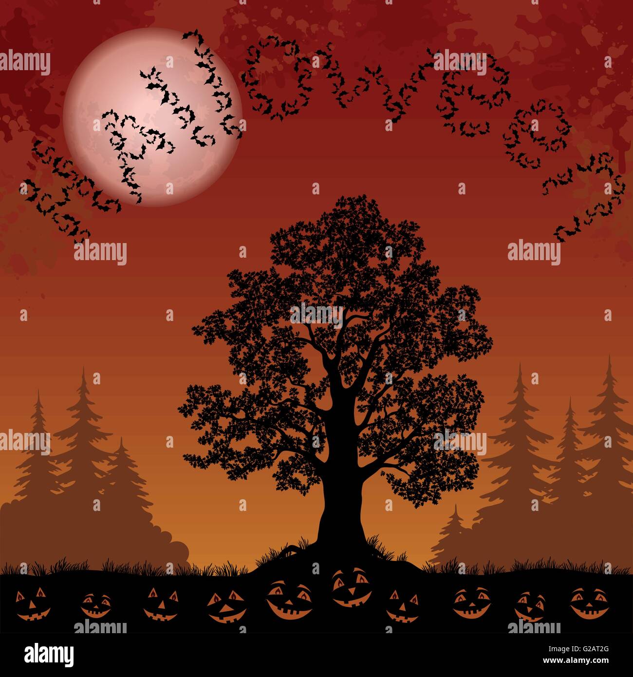 Halloween landscape with bats, trees and pumpkins Stock Vector Image ...
