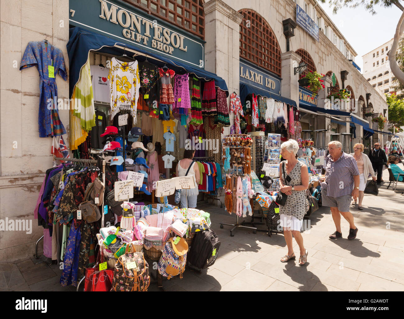 Tourists shopping for souvenirs and gifts, Main Street, Gibraltar Stock
