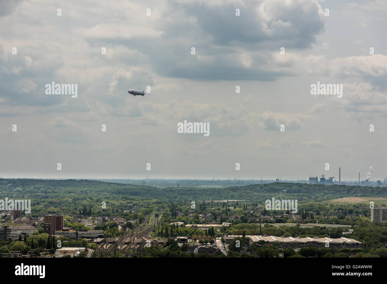 Oberhausen, Germany - May 21, 2016: Aerial view of Ruhr area and its plants as seen from the Gasometer in Oberhausen towards Dui Stock Photo