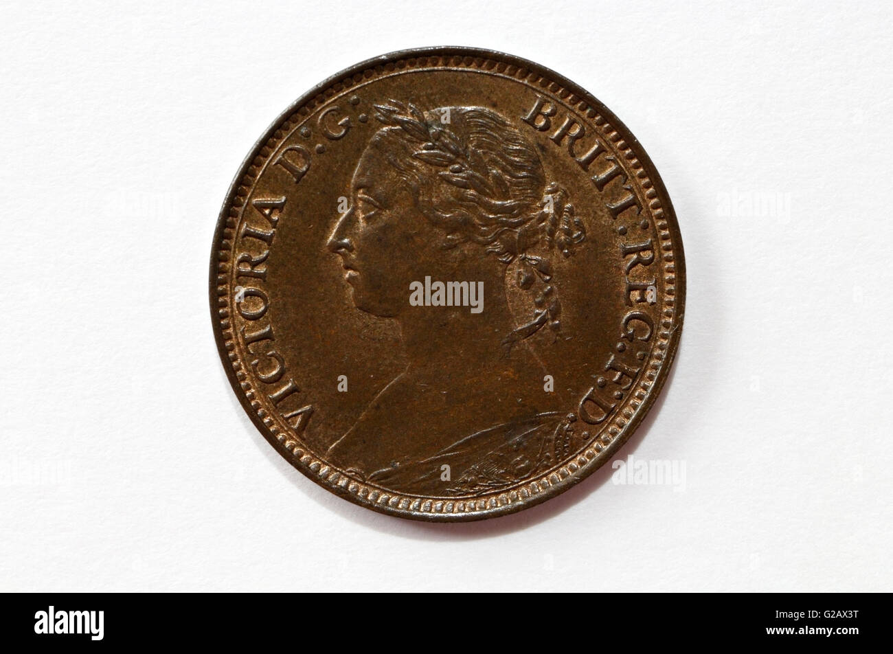 Bust Effigy of Queen Victoria on a British Farthing coin dated 1886 Stock Photo
