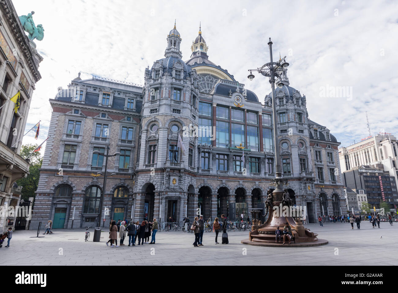 Façade of Antwerpen Centraal Station, Belgium, dubbed 'railway cathedral' because of its eclectic architecture. Stock Photo