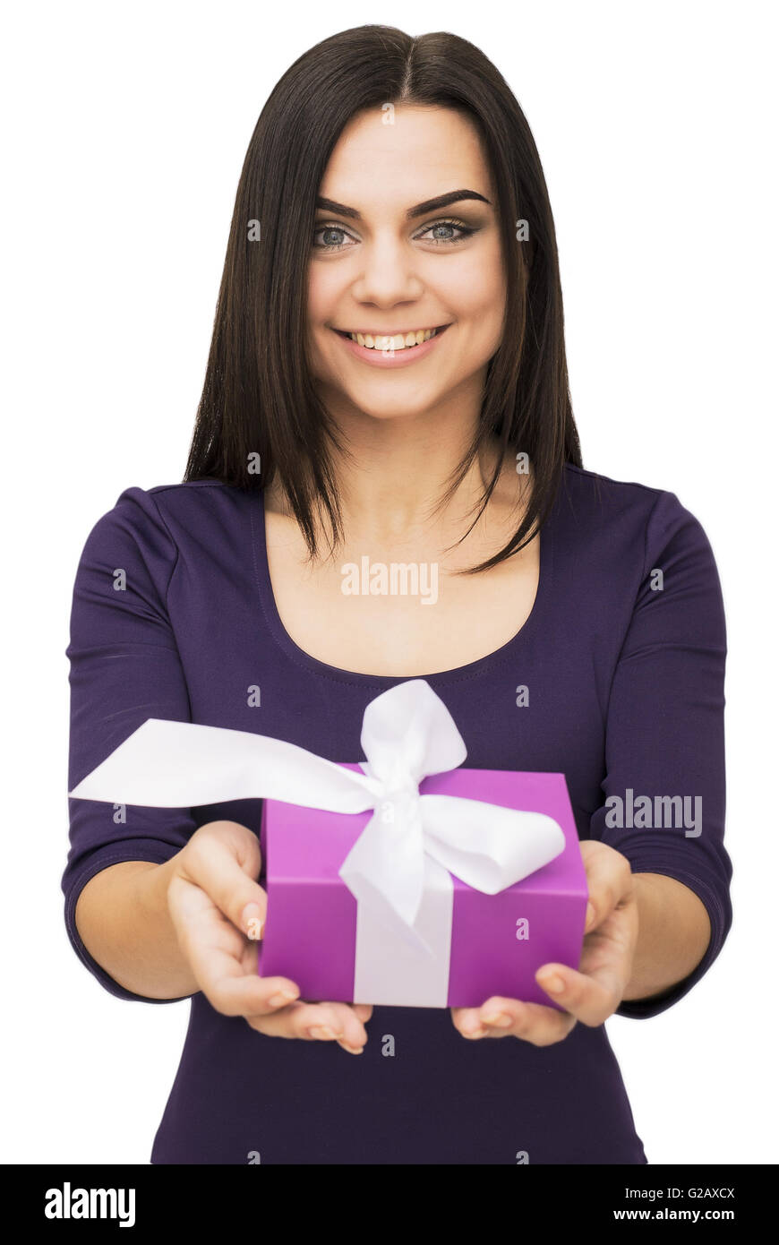 Young woman portrait holding gift Stock Photo - Alamy