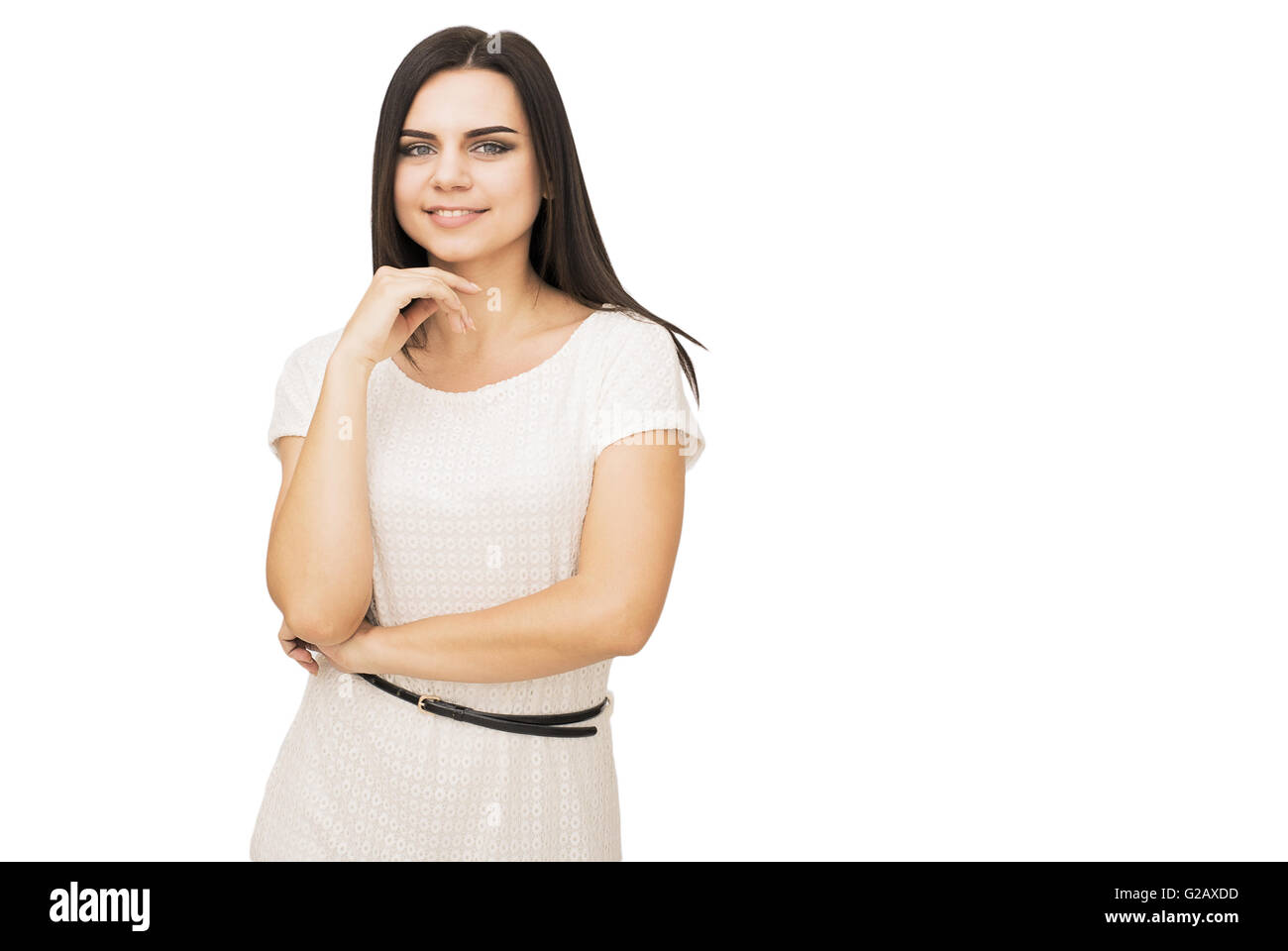 Happy young woman isolated on white background Stock Photo - Alamy