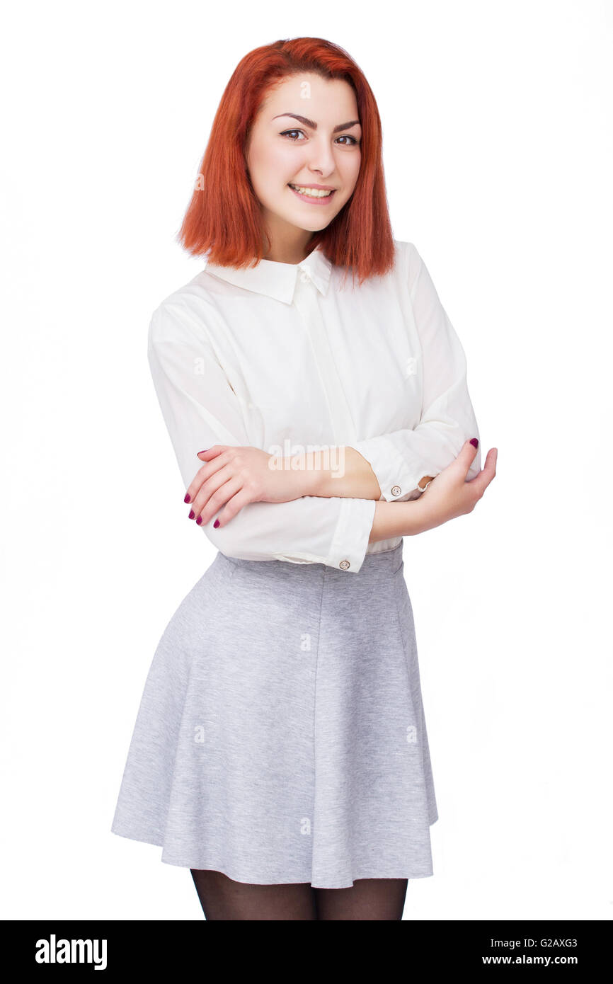 Happy young woman isolated on white background Stock Photo - Alamy