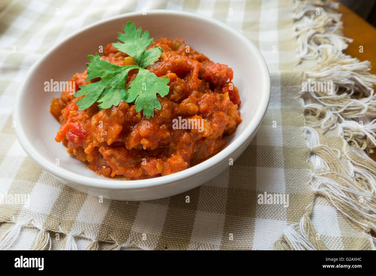 Nam Prik Ong, Thai Northern Style minced Pork and Tomato Relish paste dip. very famous spicy yummy hot chilli pepper paste sauce Stock Photo