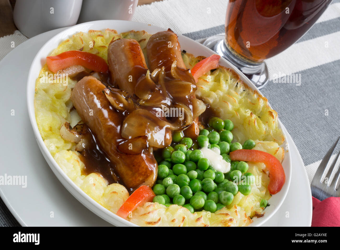 A classic English dish of Sausage and Mash. Served withe fresh Garden