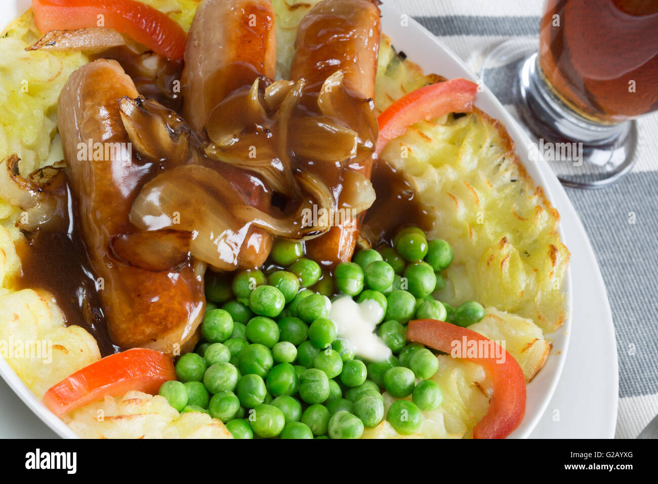 A classic English dish of Sausage and Mash. Served withe fresh Garden