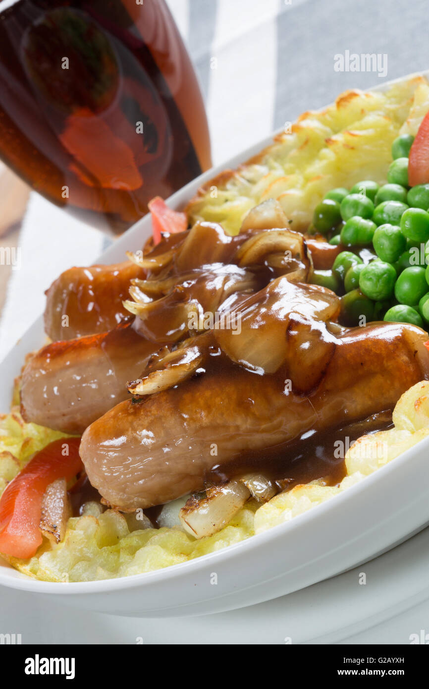 A classic English dish of Sausage and Mash. Served withe fresh Garden