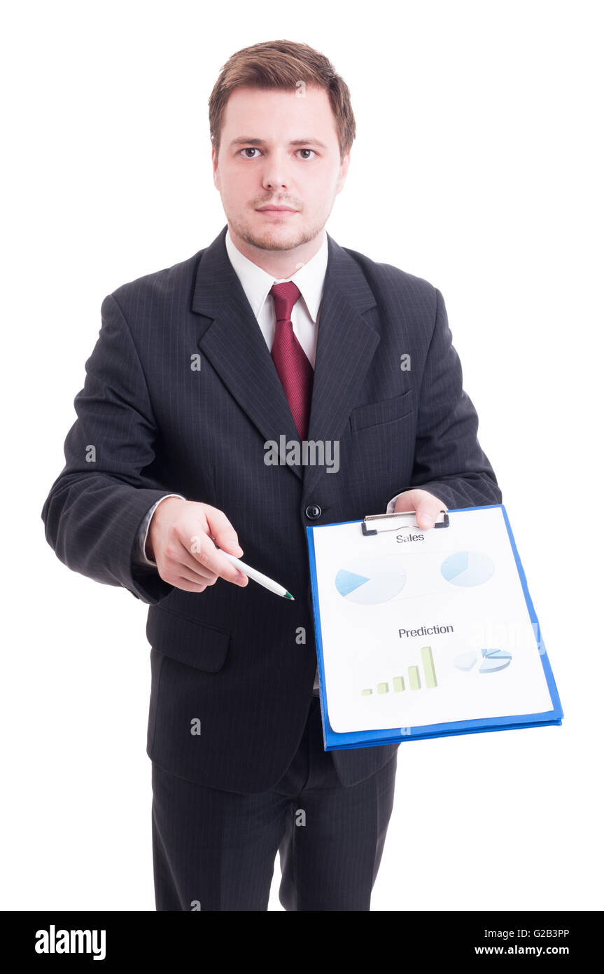 Sales manager or salesman showing printed financial charts and statistics isolated on white Stock Photo