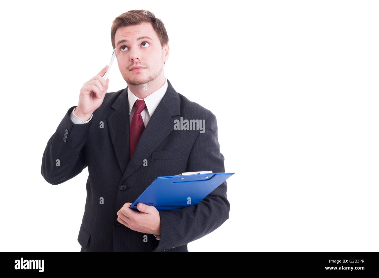 Smart accountant holding clipboard thoughtfully reviewing financial information