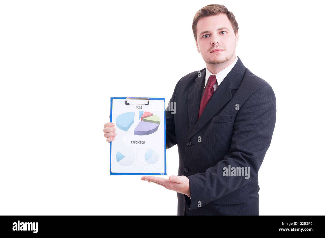Marketing manager showing printed chart pie and sales graphs isolated on white Stock Photo
