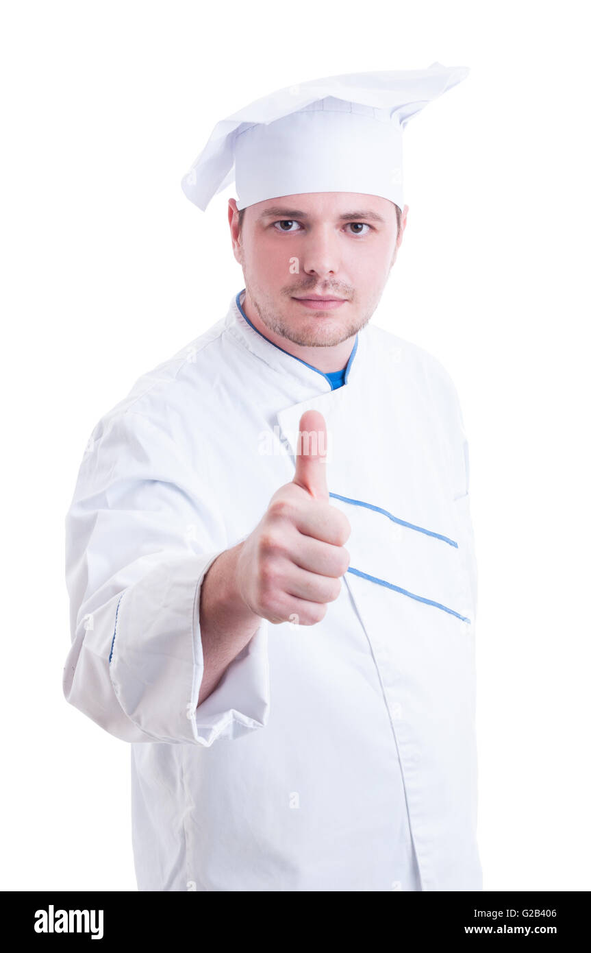 Confident cook or chef showing like or thumb-up gesture isolated on ...