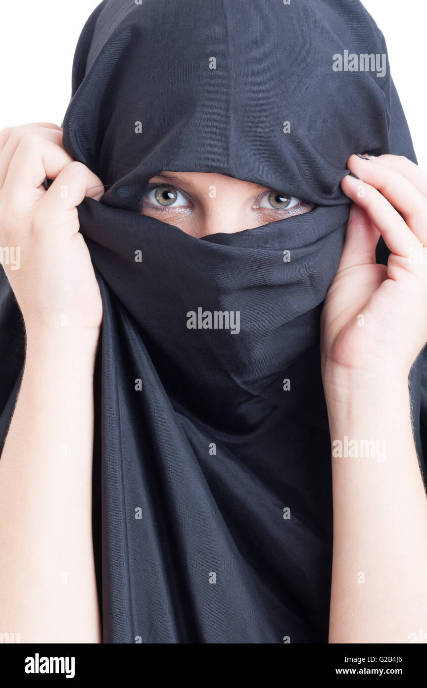 Beautiful muslim woman wearing burka on white background Stock Photo