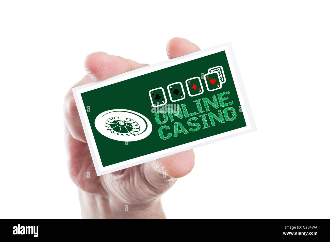 Hand holding online casino card with roulette and four aces as internet gambling website concept Stock Photo