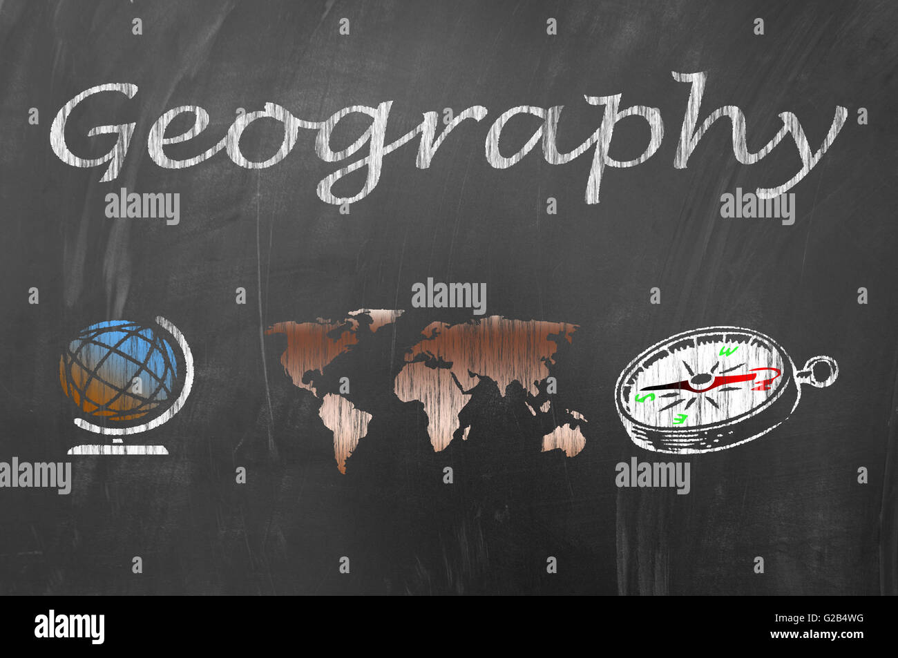 Geography lesson class on school blackboard or chalkboard concept Stock