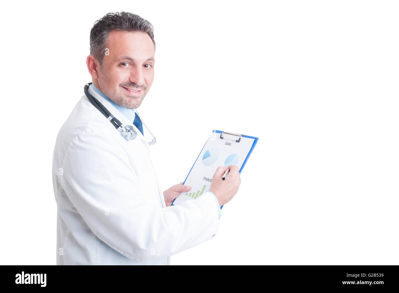 Hospital manager or doctor analyzing financial charts printed on clipboard sheet Stock Photo