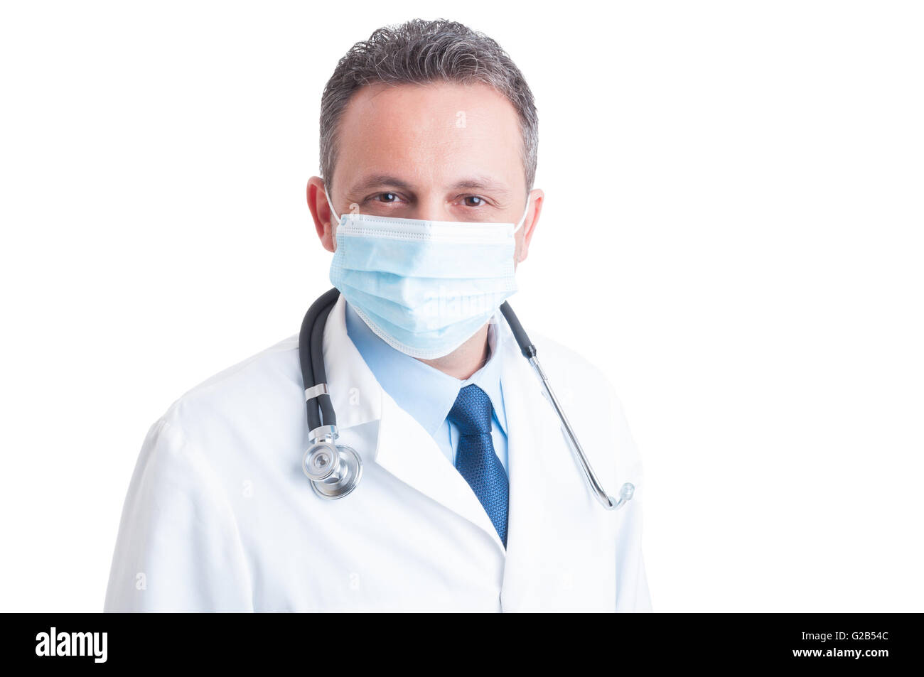 Potrait of handsome doctor wearing surgical protective mask isolated on white background Stock Photo