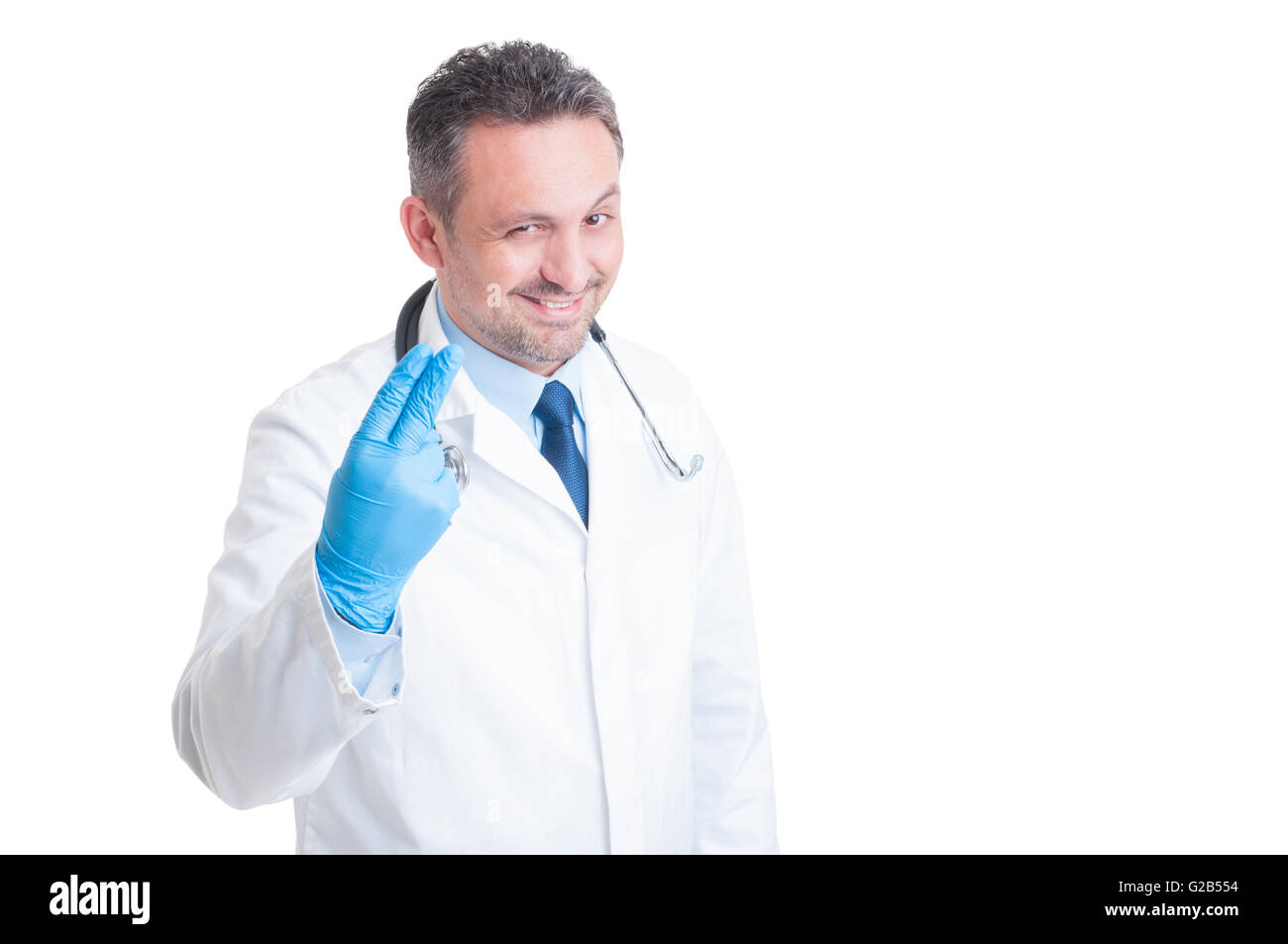 Proctologist showing two fingers with surgical latex gloves smiling isolated on white background Stock Photo