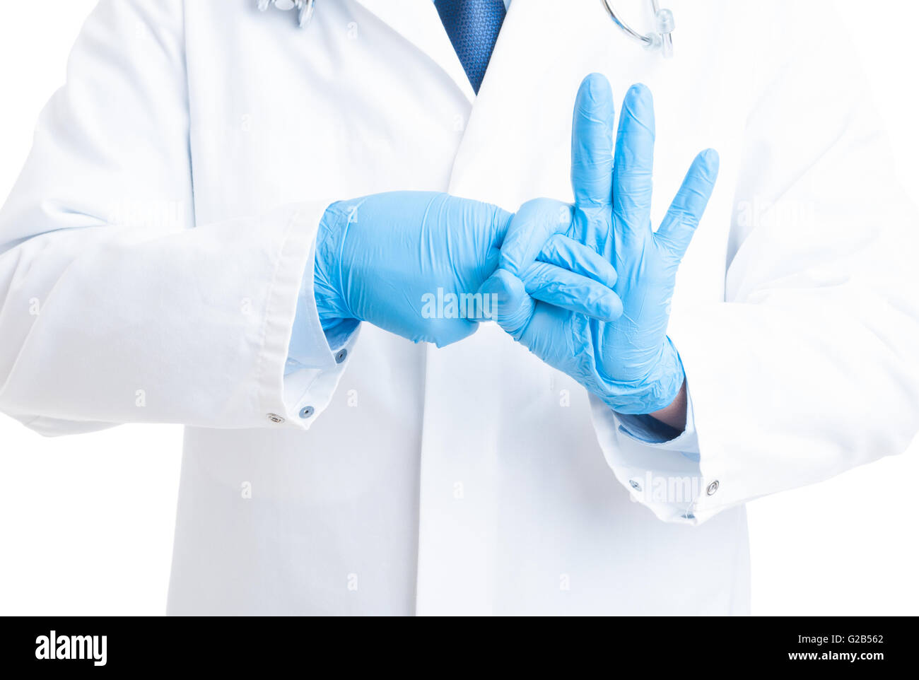 Proctoligist hands making rectal exam gesture using two fingers and rubber or latex gloves Stock Photo