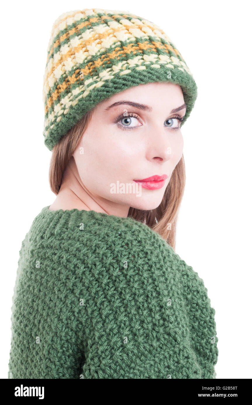 Portrait of a beautiful young woman wearing winter knitted clothes ...