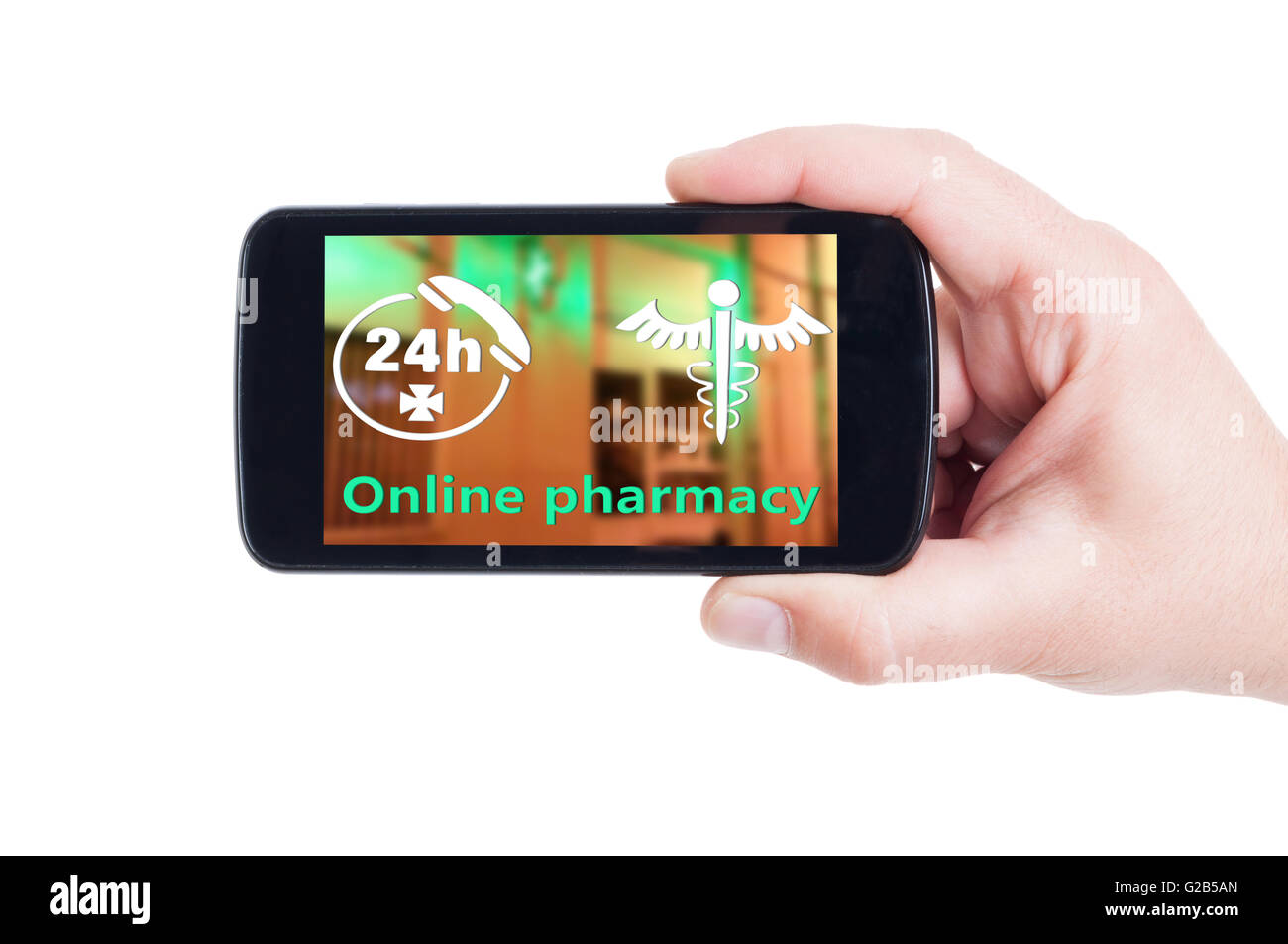 Online pharmacy concept on smartphone display or cellphone screen with 24h phone assistance Stock Photo