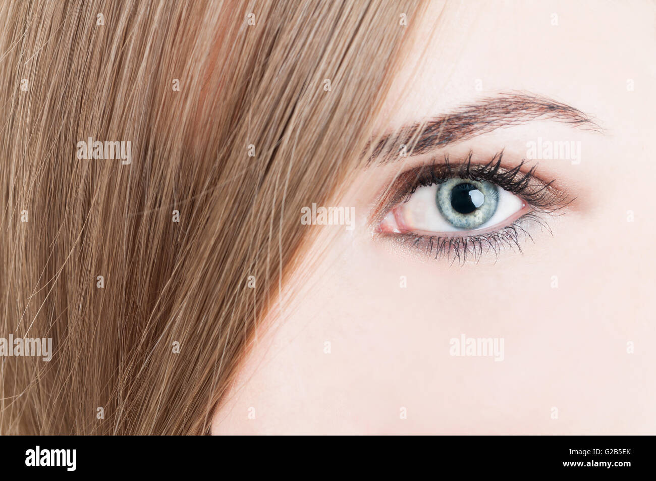 Closeup Of Green Eye And Perfect Skin With Natural Makeup Stock