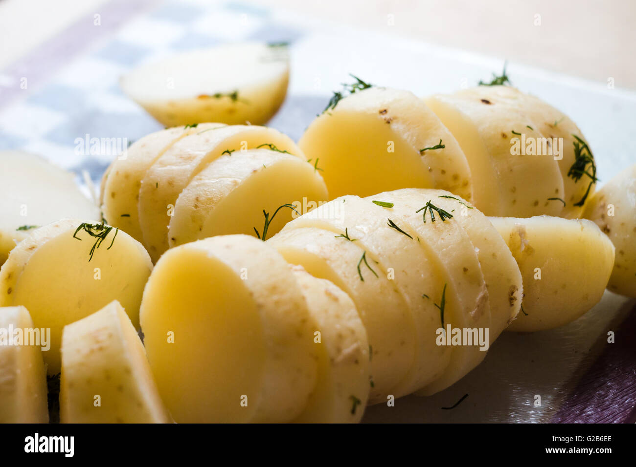Boiled potatoes sprinkled with dill Stock Photo
